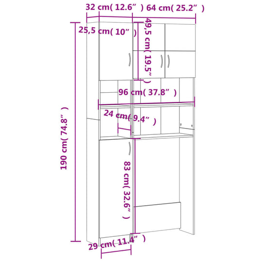 Washing machine cabinet set dimensions showing height, width, and storage compartments for optimal bathroom organization.