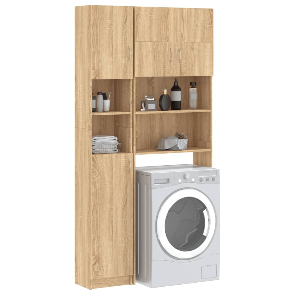 Washing machine cabinet set in Sonoma oak engineered wood with storage space and sleek design for bathrooms.