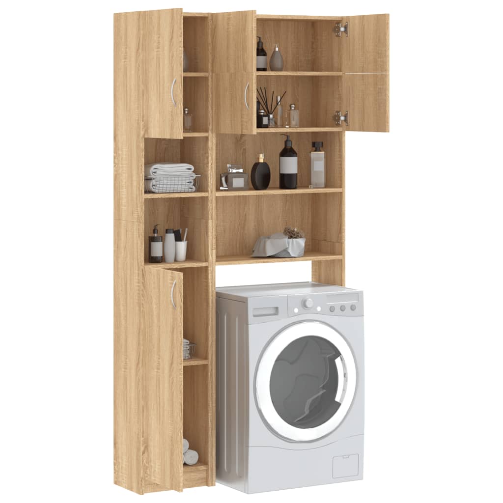 Sonoma oak washing machine cabinet set with open shelves and storage doors, ideal for bathroom organization.