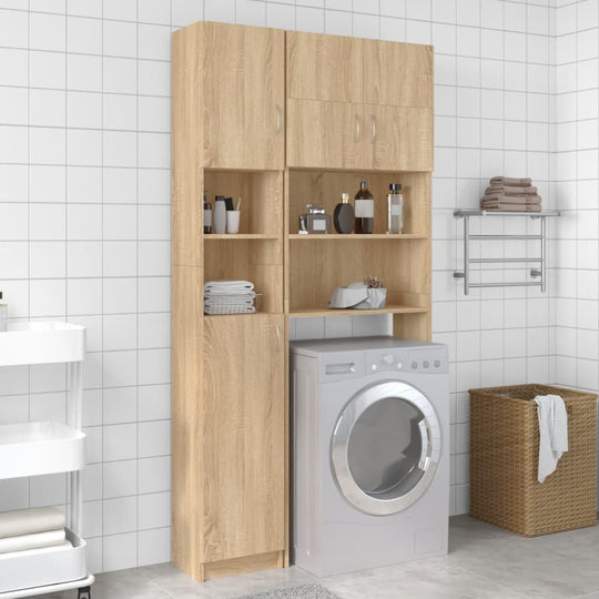 Washing machine cabinet set in Sonoma oak engineered wood, featuring shelves and storage for bathroom organization.