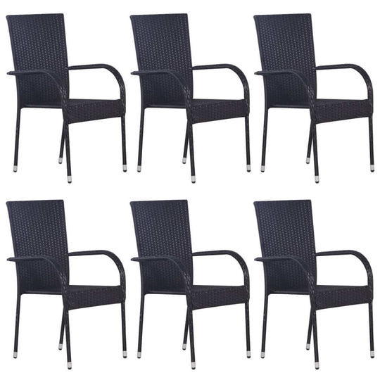 Set of 6 stackable outdoor chairs in black poly rattan, perfect for contemporary outdoor furniture.