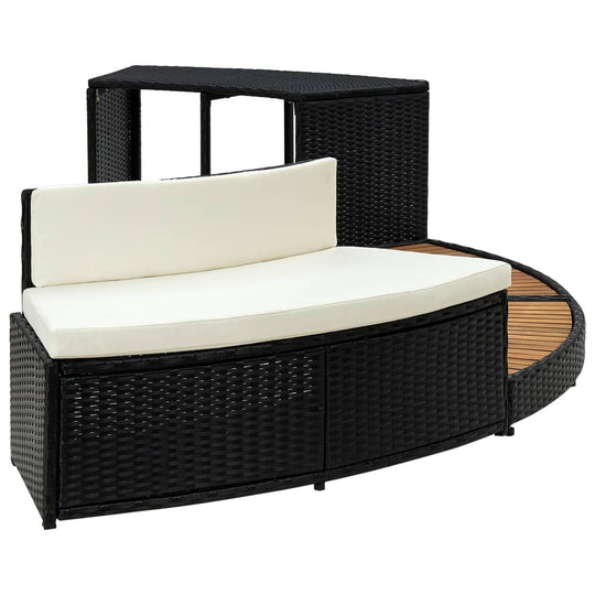 Stylish black poly rattan spa surround with acacia wood top and cushion for a modern outdoor experience.