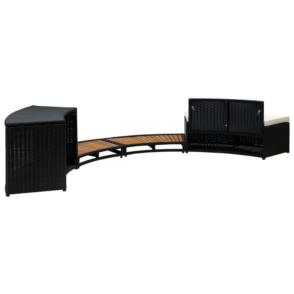 Spa surround featuring black poly rattan and acacia wood, designed for a stylish and functional hot tub area.