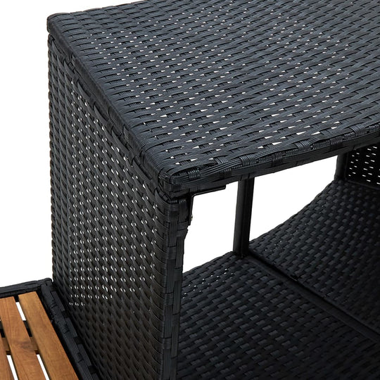 Close-up of black poly rattan hot tub surround showing woven texture and acacia wood details for stylish outdoor use.