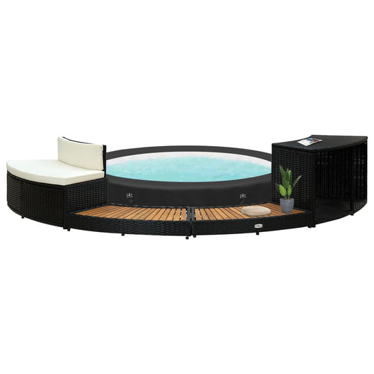 Stylish black poly rattan hot tub surround with acacia wood accents, featuring seating and storage for a modern spa experience.