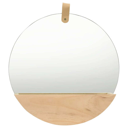 Round wall mirror with solid pinewood shelf and leather strap, perfect for bathroom or hallway decor.