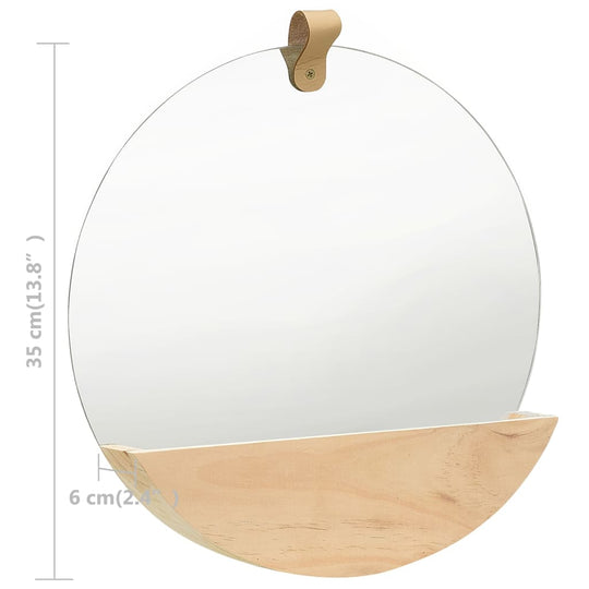 Round wall mirror with solid pinewood shelf, 35 cm, ideal for bathroom or hallway decor, featuring stylish retro design.