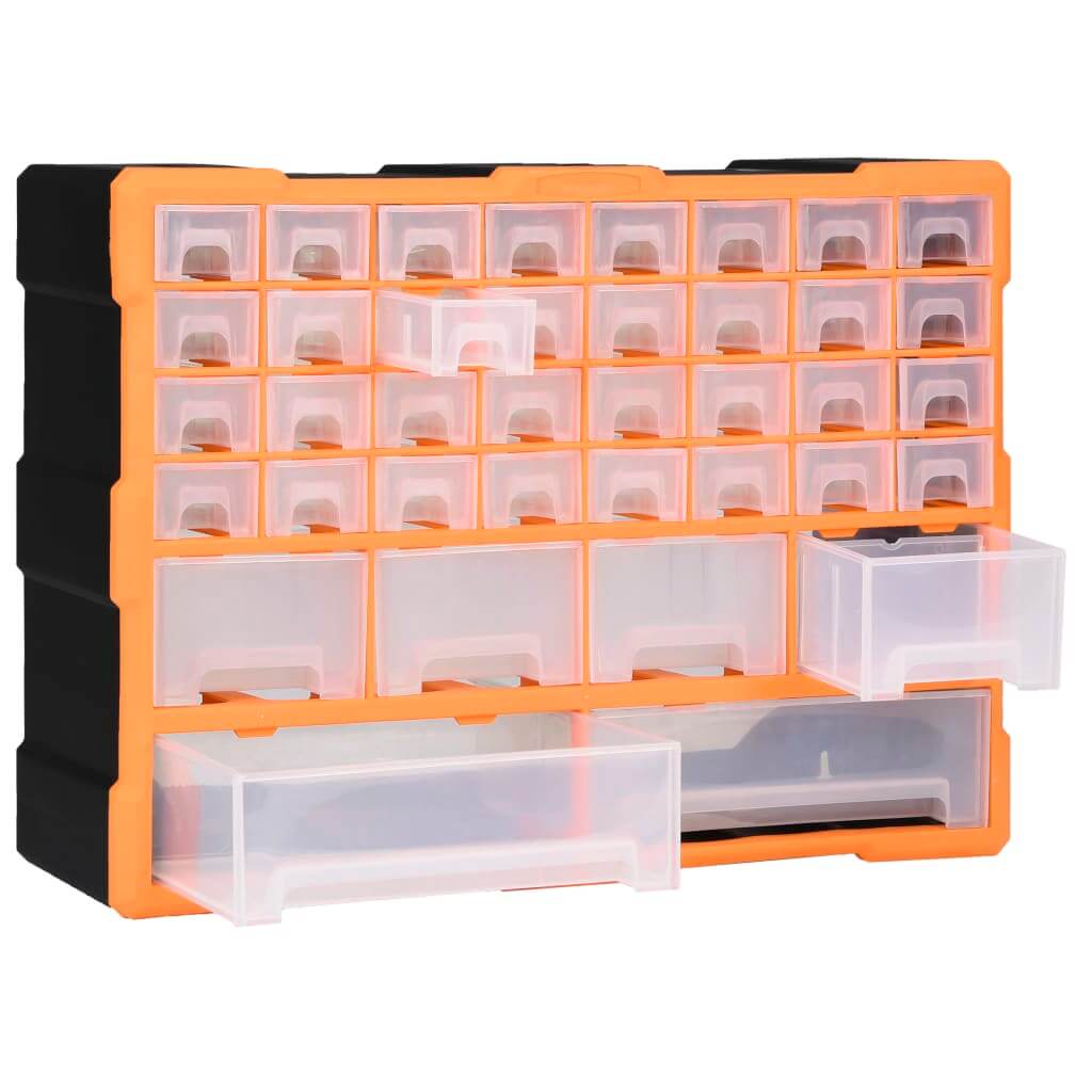 Multi-drawer organiser with 38 transparent drawers for tools, accessories, and craft storage, measuring 52x16x37.5 cm.