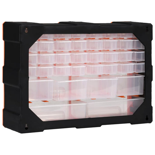 Multi-drawer organiser with 38 clear plastic drawers for efficient storage of tools and accessories, dimensions 52x16x37.5 cm.