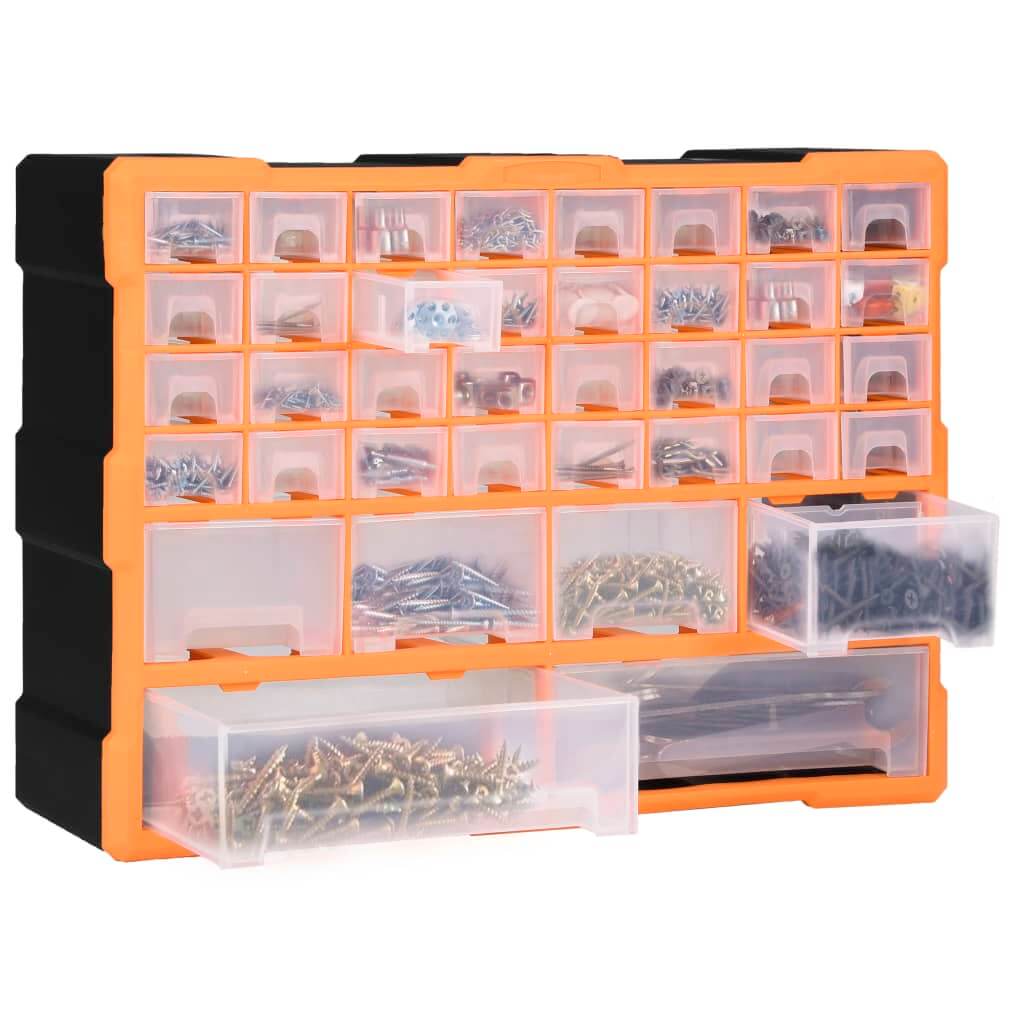 Multi-drawer organiser with 38 transparent drawers, ideal for neatly storing screws and tools in a compact design.