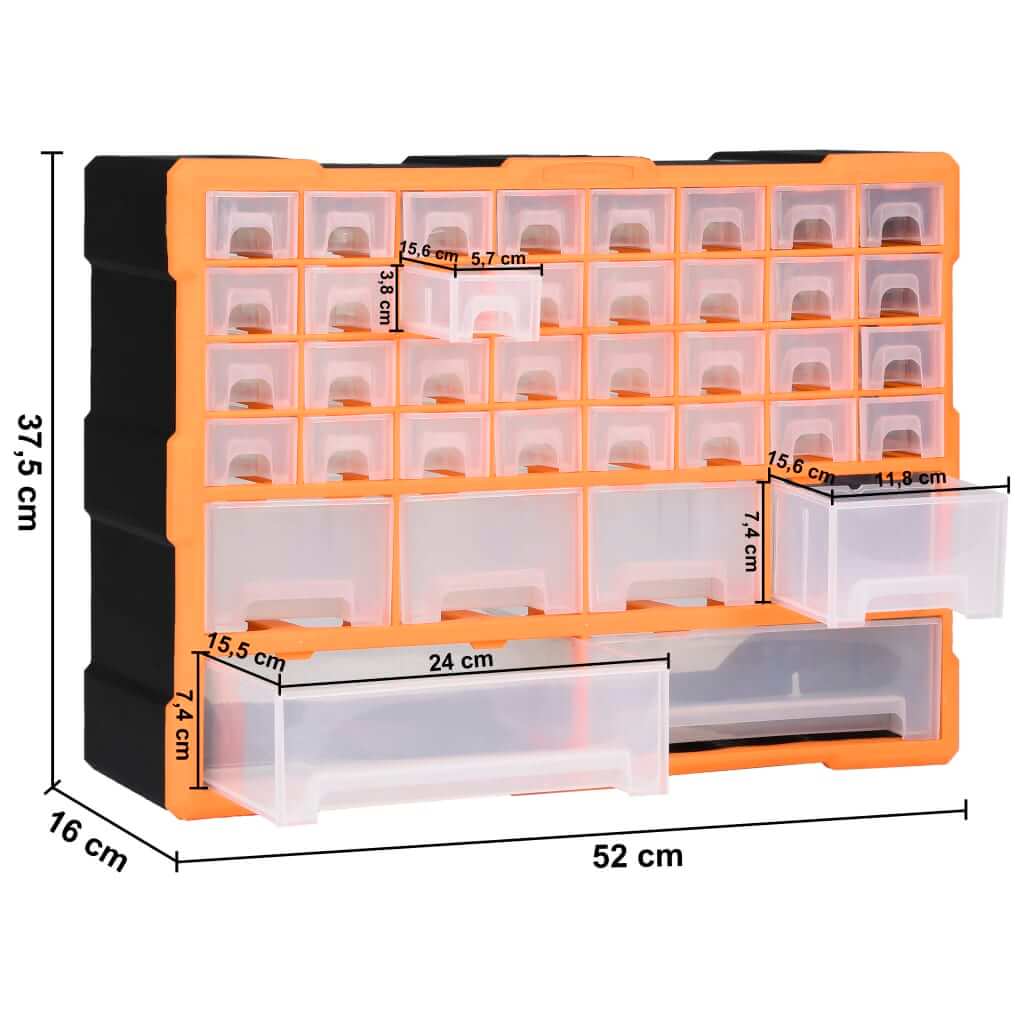 Multi-drawer organiser with 38 drawers, dimensions 52x16x37.5 cm, ideal for storing tools and accessories neatly.