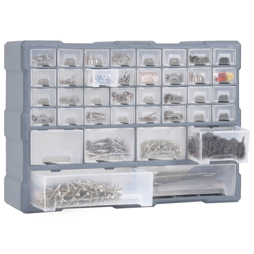 Multi-drawer organiser with 38 drawers storing various fasteners, tools, and accessories, ideal for neat organisation.