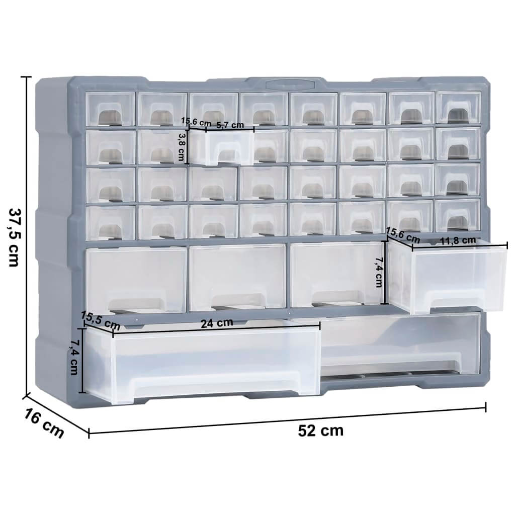 Multi-drawer organiser with 38 drawers for storage, measuring 52x16x37.5 cm, ideal for tools and accessories.