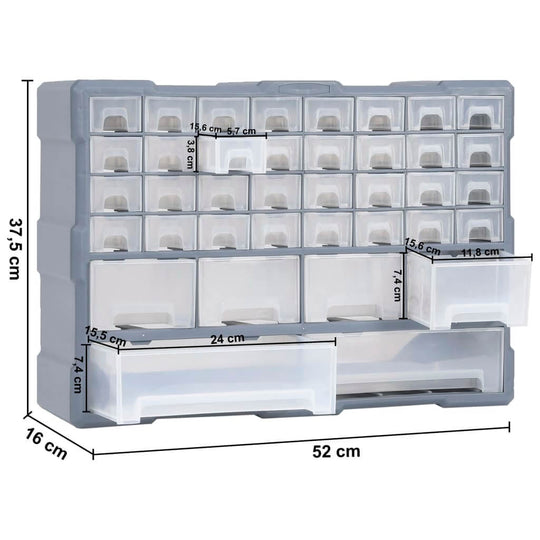 Multi-drawer organiser with 38 drawers for storage, measuring 52x16x37.5 cm, ideal for tools and accessories.