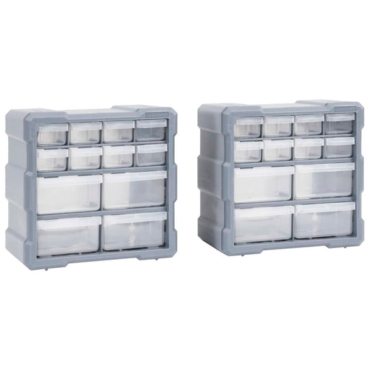 Multi-drawer organisers with 12 drawers each, perfect for tool storage and organizing small items, made of durable plastic.