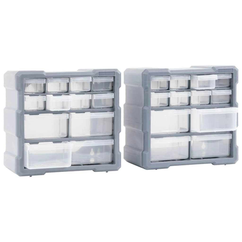 Multi-drawer organisers with 12 drawers each, designed for neat storage of tools and accessories.