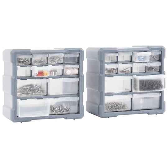 Multi-drawer organisers with 12 drawers each, ideal for storing small items like screws and accessories, in a compact design.