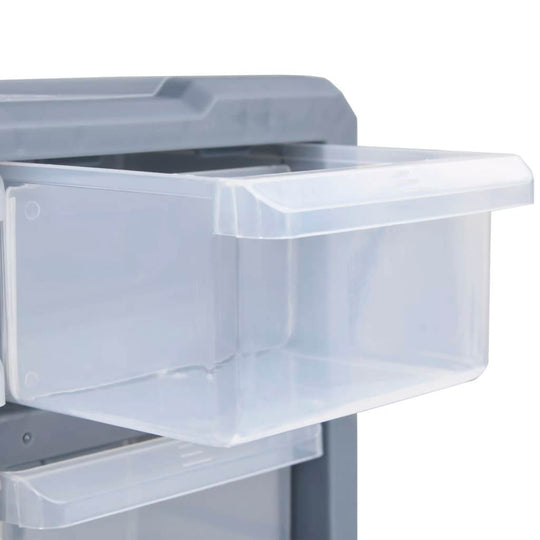 Clear plastic drawer from multi-drawer organiser for versatile storage solutions, ideal for tools and accessories.