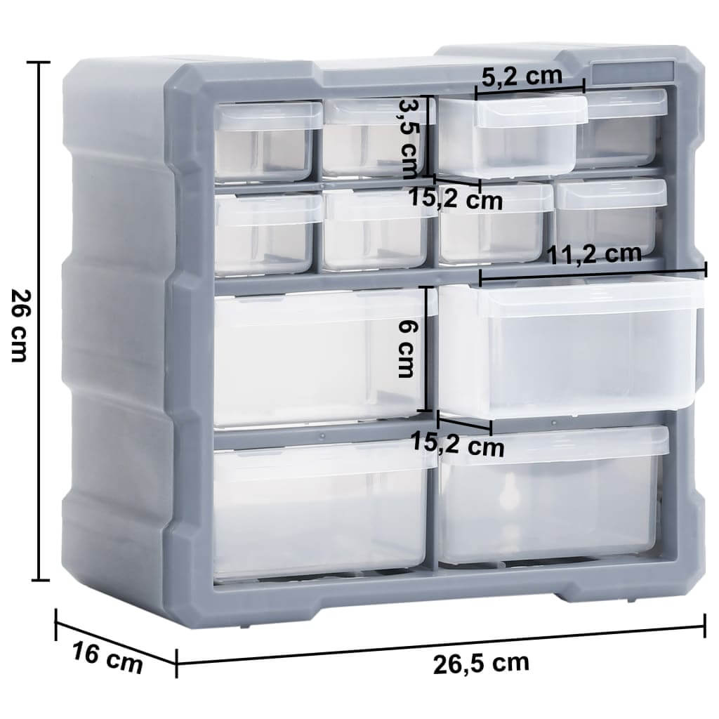 Multi-drawer organiser with 12 drawers, dimensions 26.5x16x26 cm, ideal for storing tools and accessories neatly.