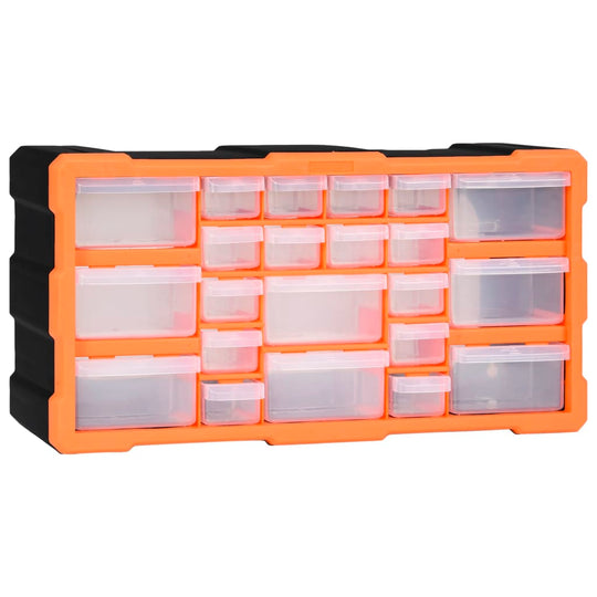 Multi-drawer organiser with 22 drawers, designed for storage of tools and accessories in impact-resistant plastic, 49x16x25.5 cm.