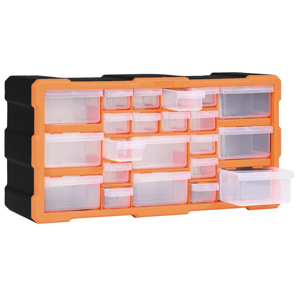 Multi-drawer organiser with 22 drawers in an orange and black design, perfect for storing tools and accessories.