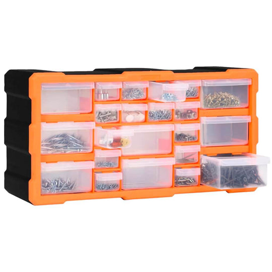 Multi-drawer organiser with 22 clear drawers, designed for storing tools and accessories, perfect for home and outdoor furniture.