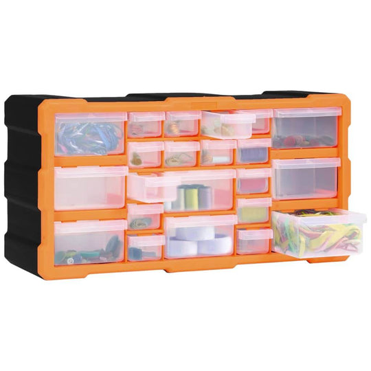 Multi-drawer organiser with 22 transparent drawers in orange, ideal for storing tools, accessories, and crafting supplies.