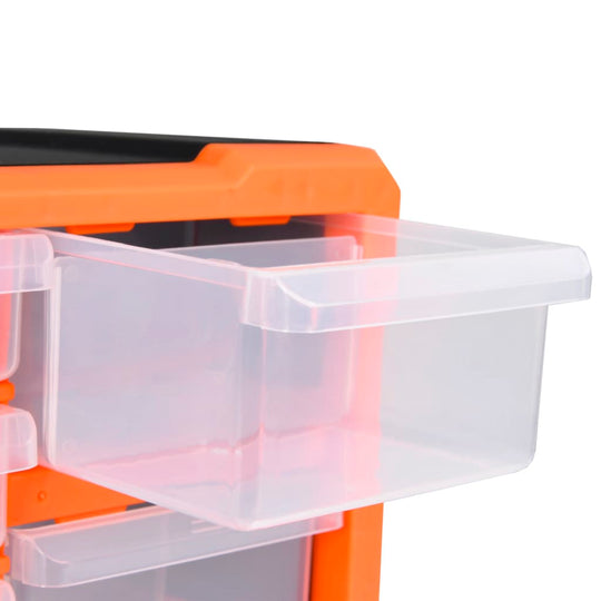 Close-up of a clear plastic drawer from a multi-drawer organiser with orange accents, ideal for storage solutions.