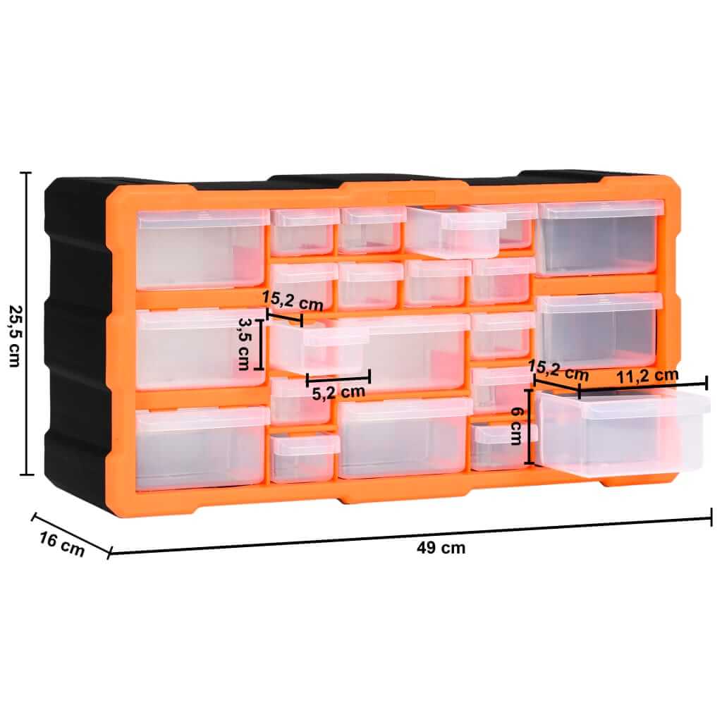 Multi-drawer organiser displaying 22 plastic drawers, dimensions 49x16x25.5 cm, ideal for tools and accessories storage.