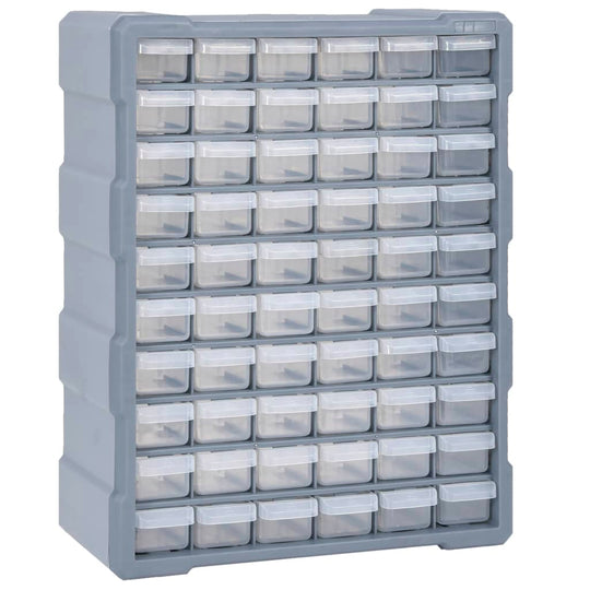 Multi-drawer organiser with 60 clear plastic drawers, ideal for storing tools and accessories, measuring 38x16x47.5 cm.