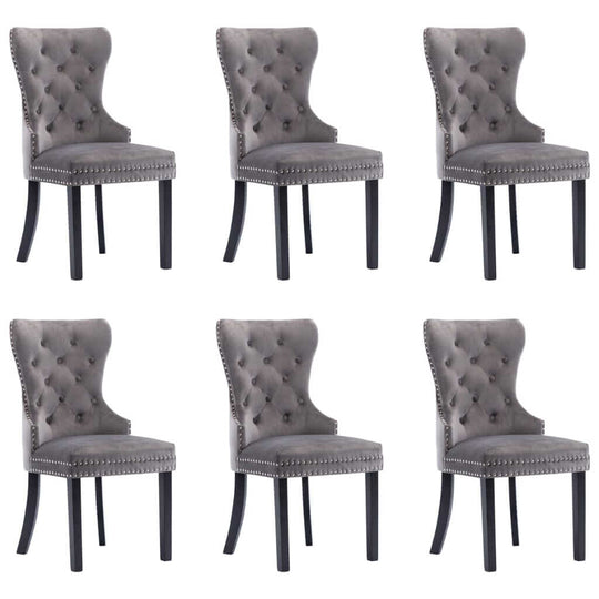 Dining Chairs 6 pcs  Velvet in gray with decorative buttons and metal rivets, perfect for dining and relaxation.