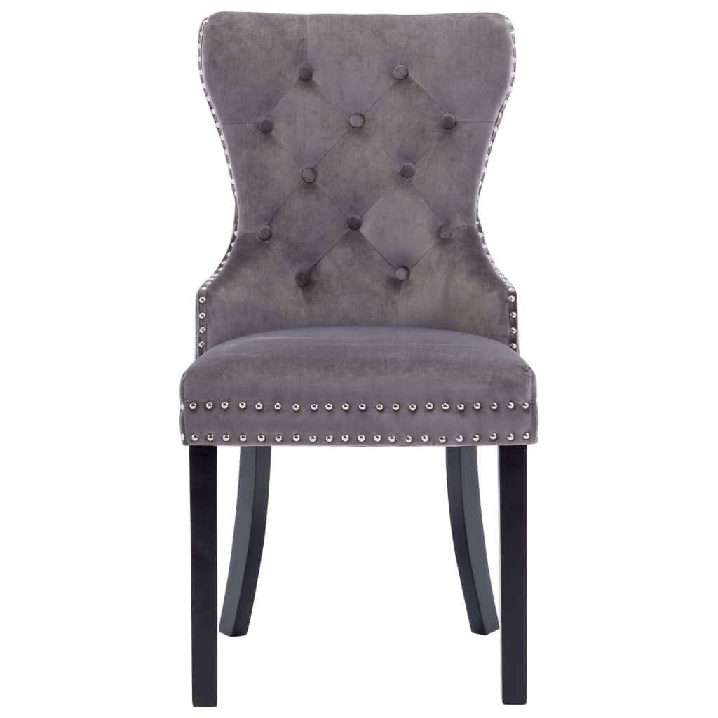 Dining Chairs 6 pcs  Velvet featuring a grey tufted design with decorative rivets and solid legs.