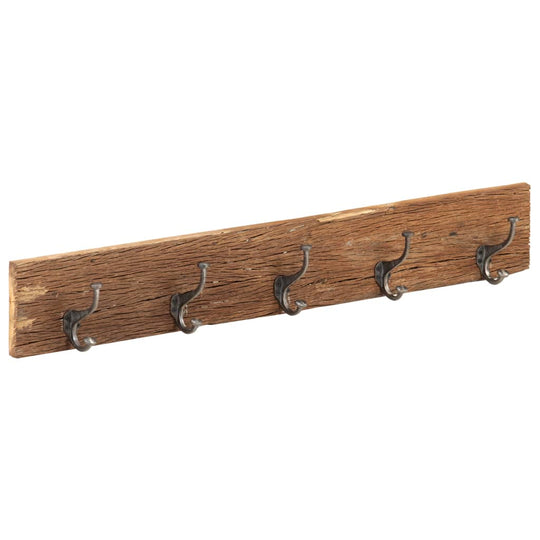 Hall Hanger with 5 Hooks 100x2.5x15 cm Solid Reclaimed Wood featuring decorative antlers and imperfections showing rich history.
