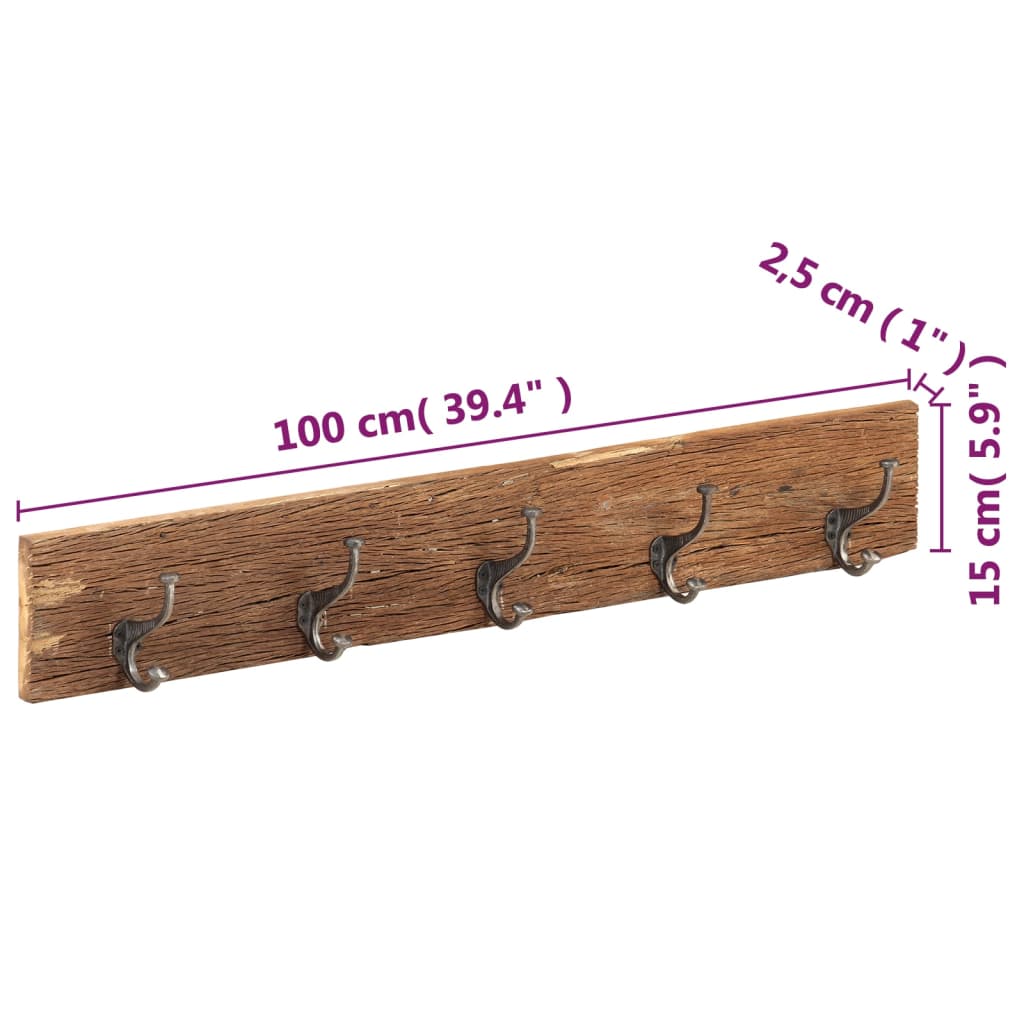 Hall Hanger with 5 Hooks 100x2.5x15 cm Solid Reclaimed Wood with antler design hooks on recycled wooden board.