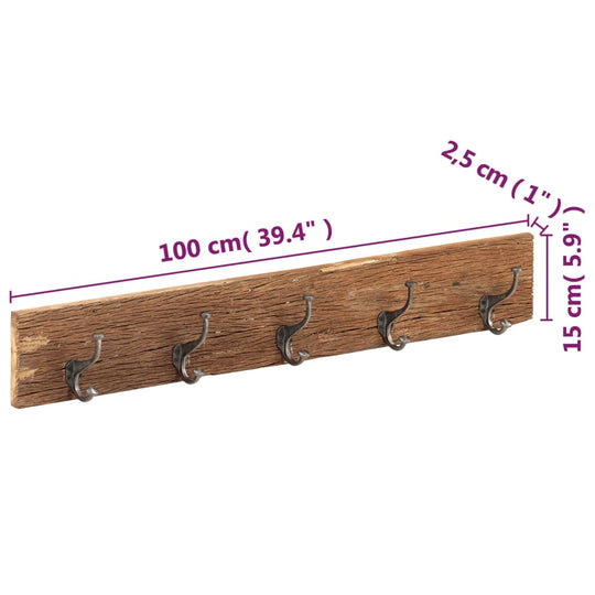 Hall Hanger with 5 Hooks 100x2.5x15 cm Solid Reclaimed Wood with antler design hooks on recycled wooden board.