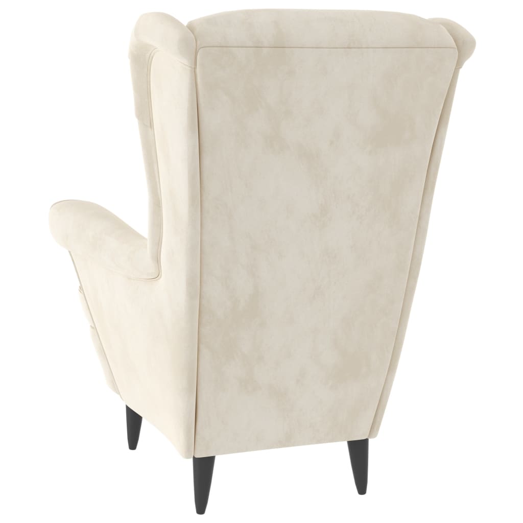 Cream white velvet armchair back view, stylish furniture piece for home decor, comfortable and durable upholstery.