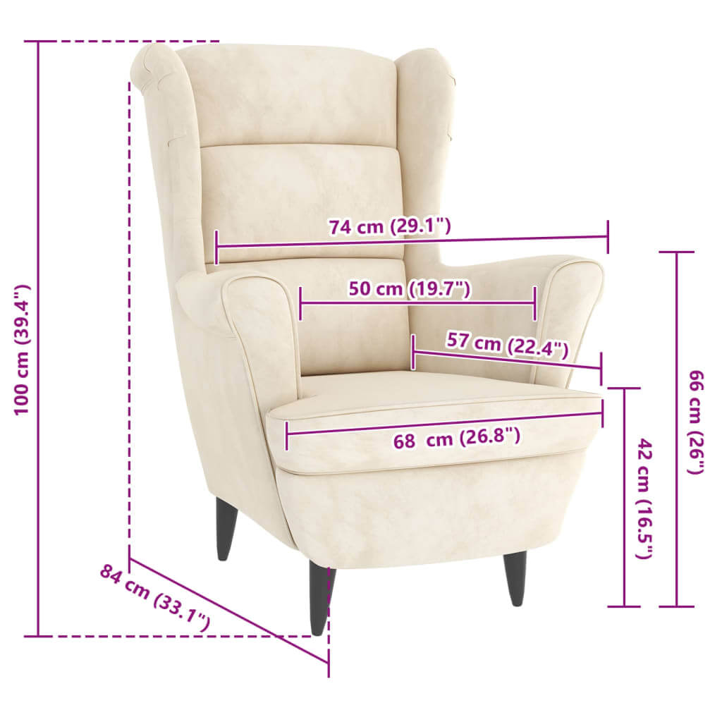 Cream white velvet armchair with measurements, essential lounge furniture for stylish home decor, durable and comfy design.