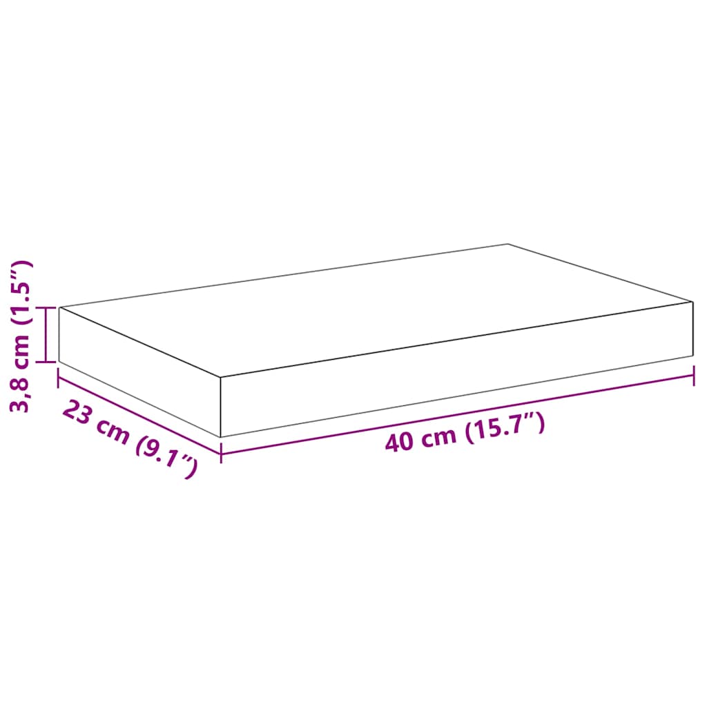 Dimensions illustration of Floating Wall Shelves 2 pcs 40x23x3.8 cm MDF with measurements in centimeters and inches.