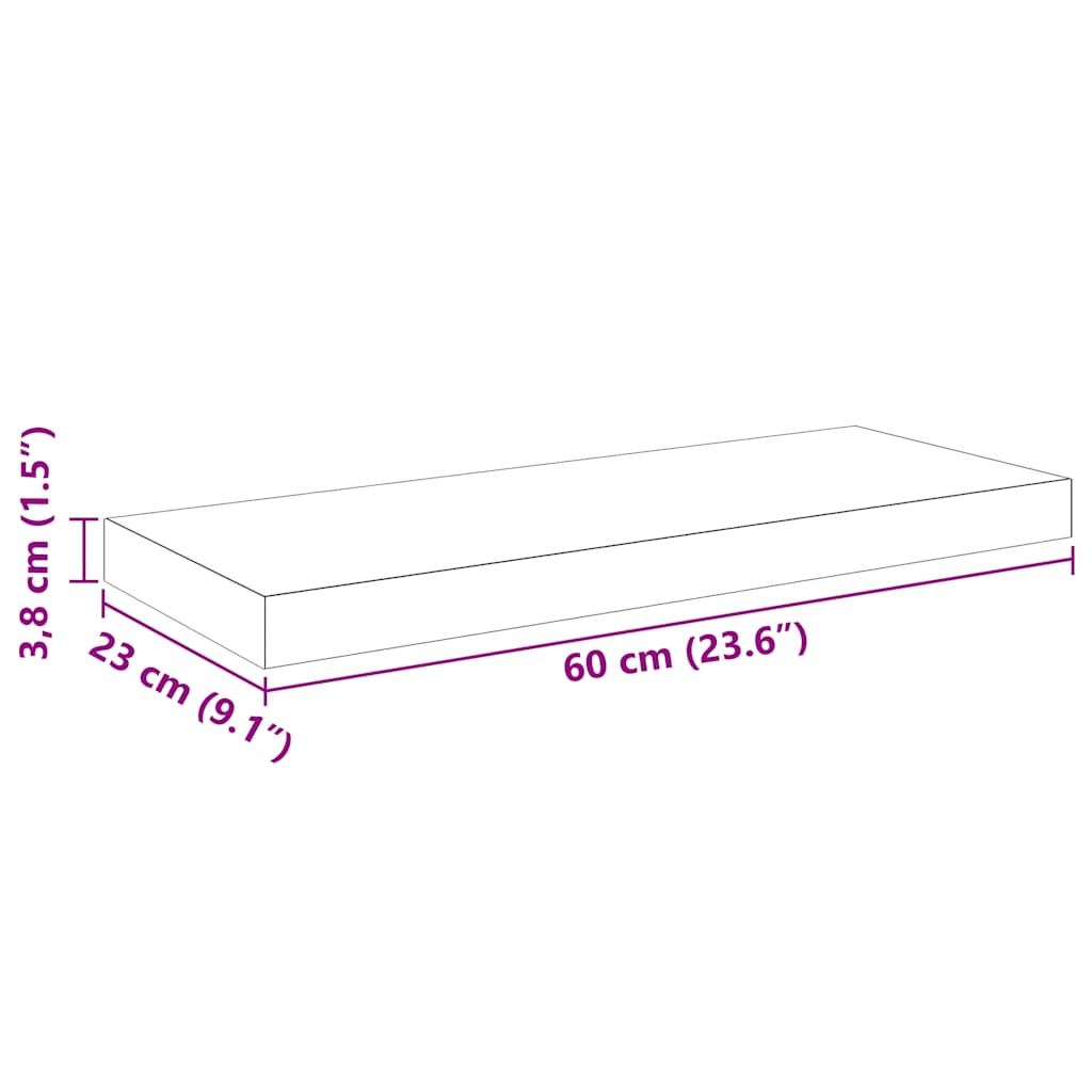 Dimensions diagram of Floating Wall Shelves 2 pcs  60x23.5x3.8 cm MDF with invisible mounting system.