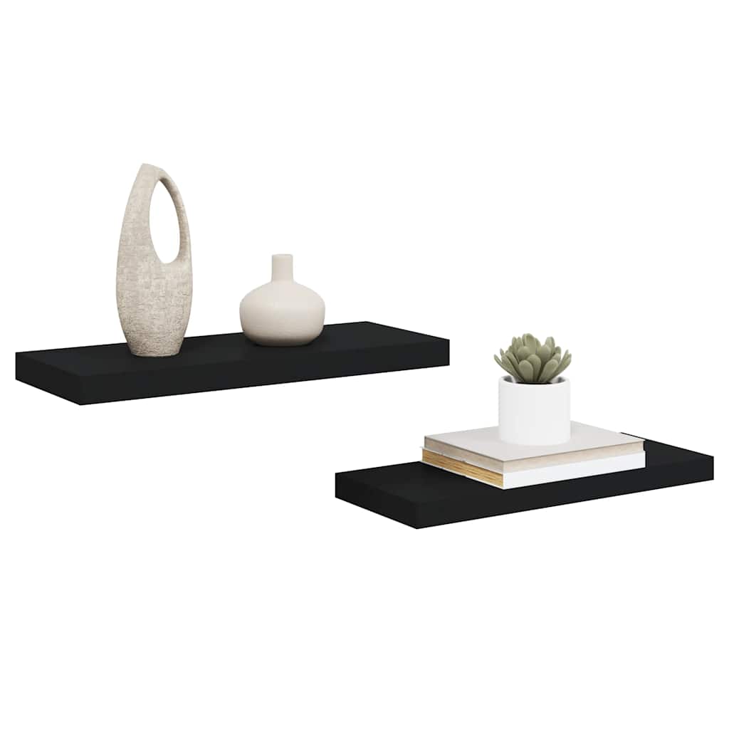Floating Wall Shelves 2 pcs 60x23.5x3.8 cm MDF with decorative items including a vase, books, and a plant; black shelves