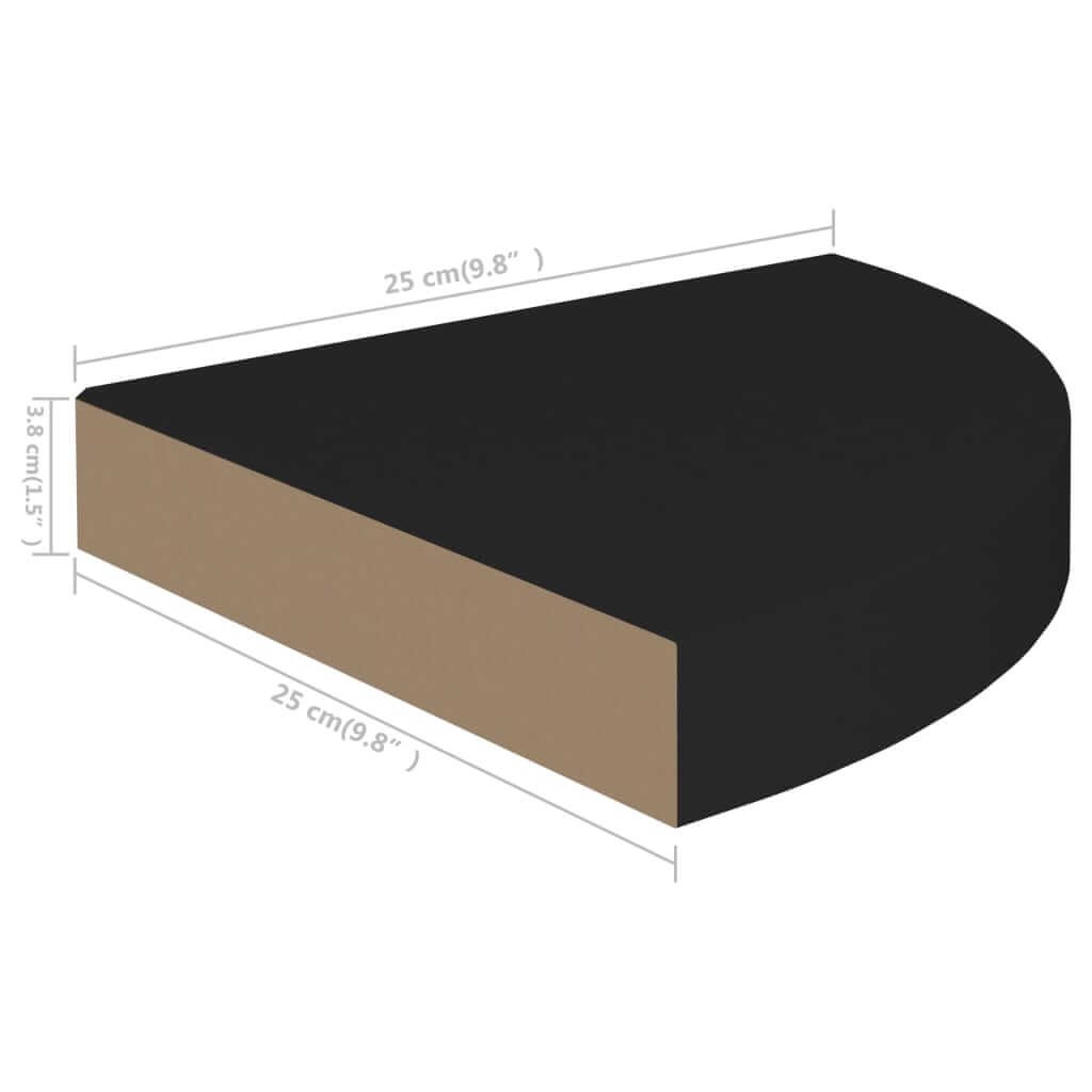 Floating Corner Shelves 2 pcs 25x25x3.8 cm MDF in black with dimensions shown.