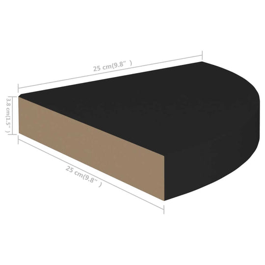 Floating Corner Shelves 2 pcs 25x25x3.8 cm MDF in black with dimensions shown.