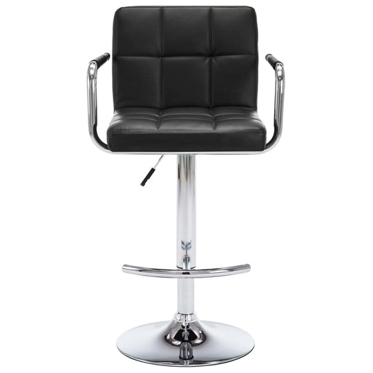 Stylish black faux leather bar stool with chrome base, perfect for outdoor furniture and home patio settings.