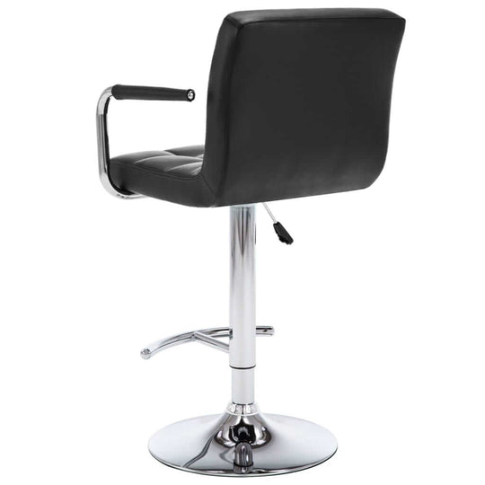 Elegant black faux leather bar stool with chrome base, perfect for home and outdoor living spaces.