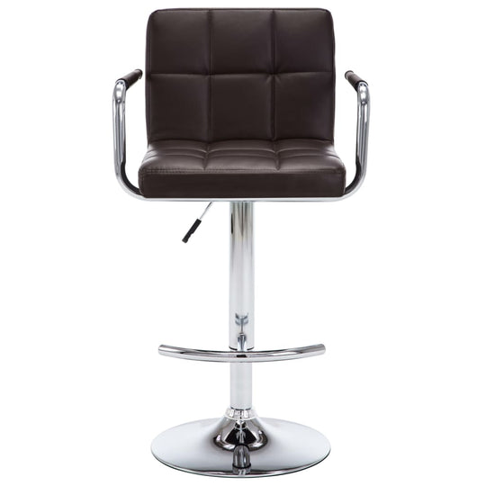 Modern brown faux leather bar stool with chrome frame, adjustable height, perfect for outdoor spaces and patios.