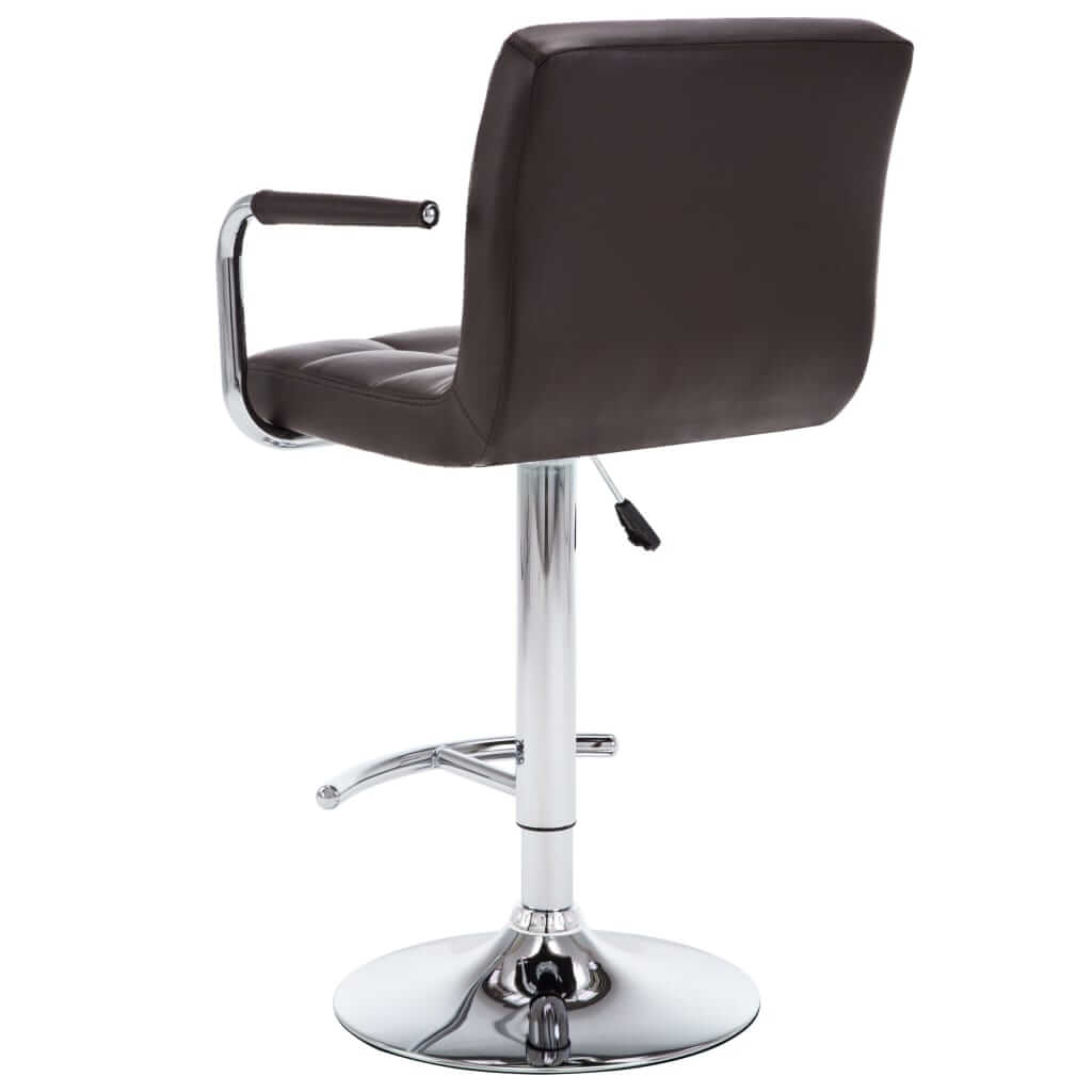 Modern brown faux leather bar stool with chrome frame and adjustable height, ideal for home and outdoor settings.