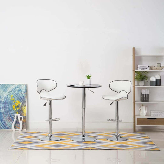 Sleek white bar stools with chromed steel frame and faux leather finish, perfect for patio or home furniture settings.