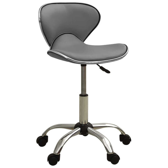 Stylish grey faux leather salon spa stool with 360-degree swivel and five wheels for mobility.