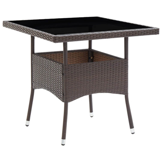 Garden Dining Table  Poly Rattan with square glass top and wicker design for outdoor dining.