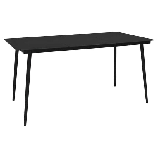 Modern black garden dining table 150x80 cm, steel frame, glass top, durable and weather-resistant design.